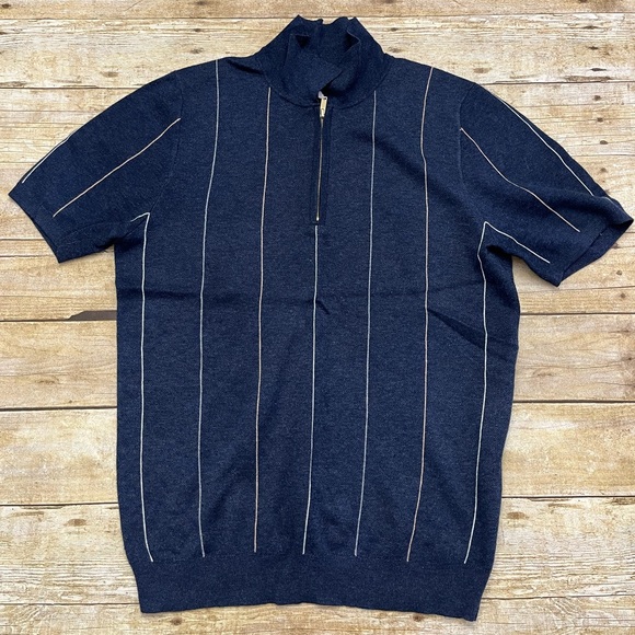 NWOT Reiss Vertical Striped Short Sleeve Zip Polo Sweater - Picture 2 of 4